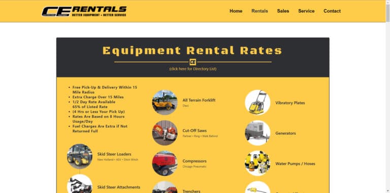 C.E. Rentals Rental Rate sheet